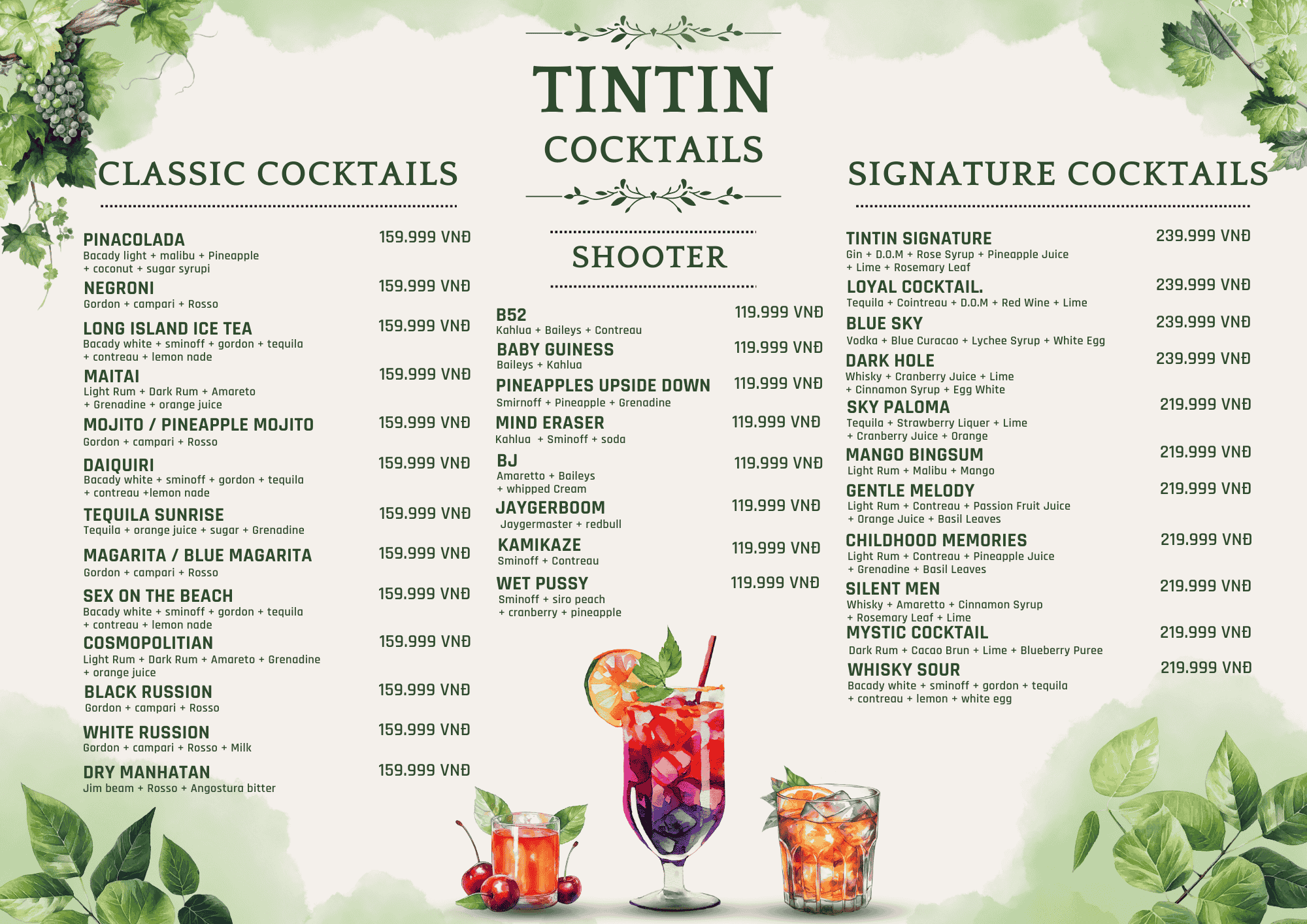 Menu TinTin Cocktail