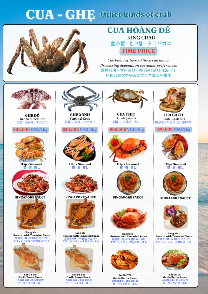 Crabs menu featuring a variety of fresh crab dishes, including steamed, grilled, and stir-fried options, at TinTin Seafood.