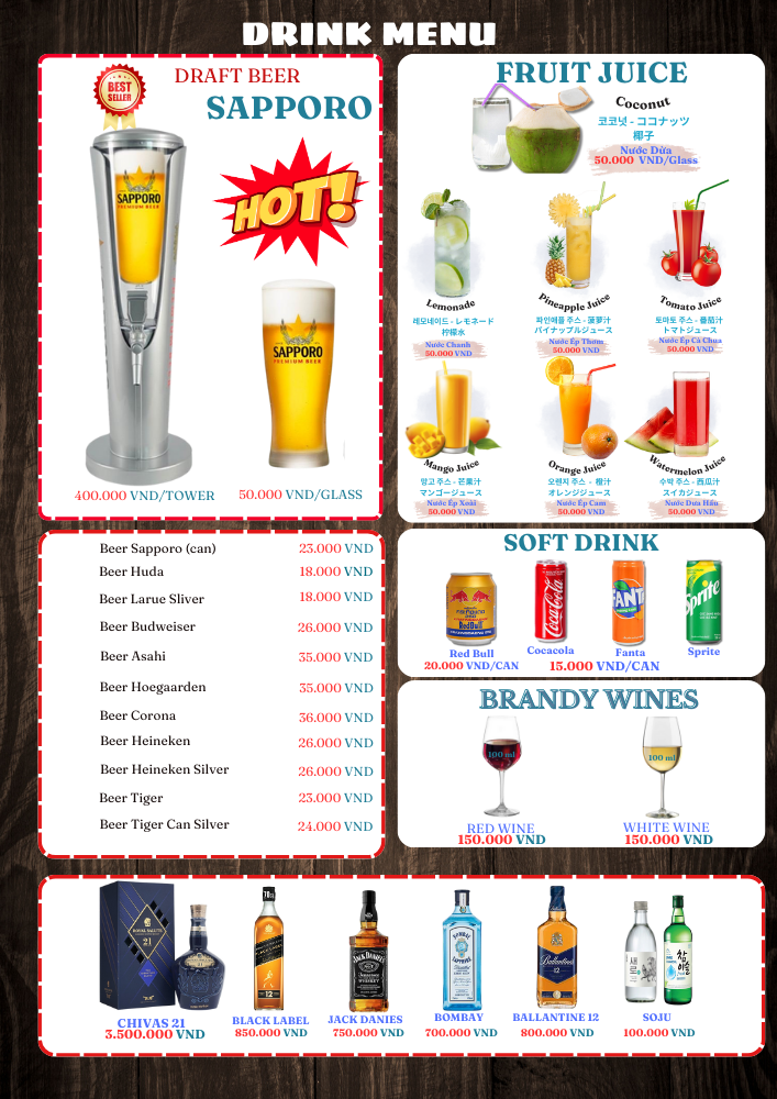 "Drink menu showcasing various beverages at TinTin Seafood, including cocktails, beers, and non-alcoholic drinks."