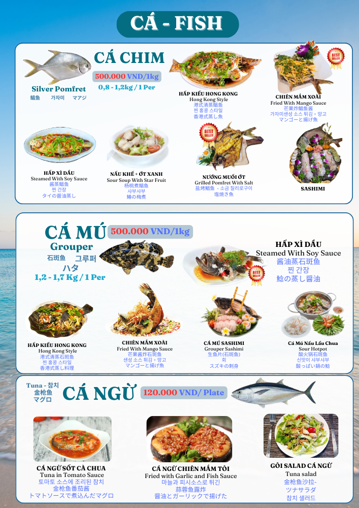 Fish menu featuring a variety of fresh fish dishes, including grilled, fried, and steamed options, at TinTin Seafood.