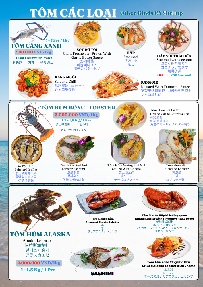 Lobster and other shrimp menu offering a variety of delicious lobster and shrimp dishes, including grilled, steamed, and stir-fried options, at TinTin Seafood.