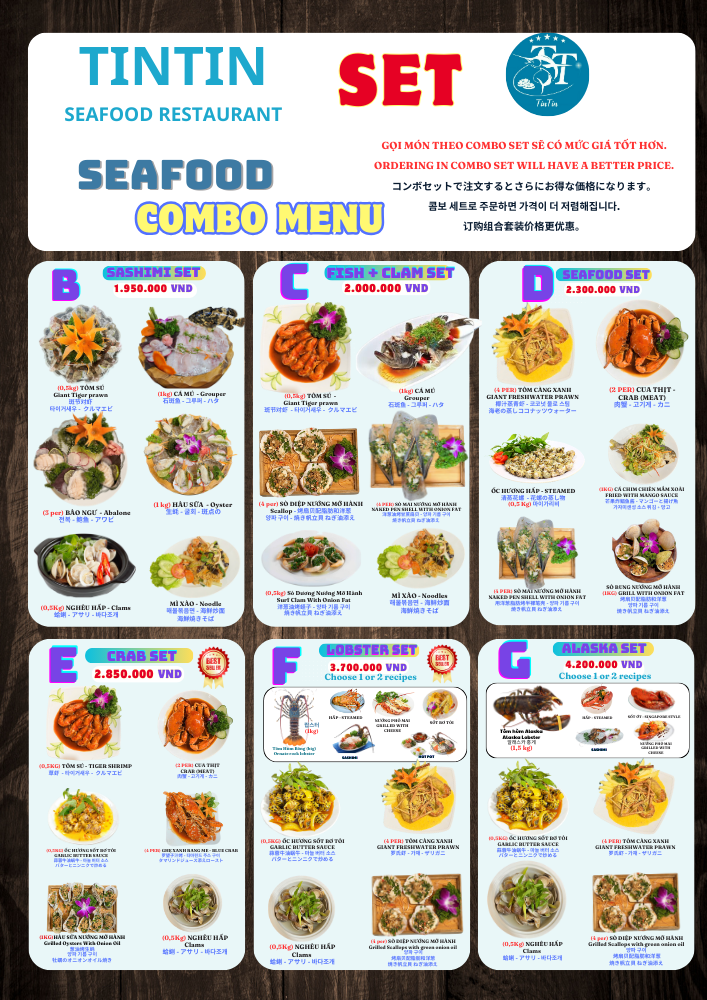 Seafood set menu featuring a selection of fresh seafood dishes, including lobster, shrimp, fish, and shellfish, at TinTin Seafood.