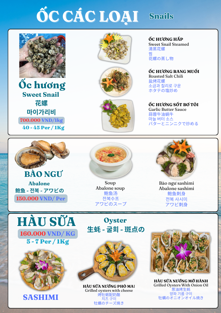 Snails menu featuring a variety of flavorful snail dishes, including steamed, grilled, and stir-fried options, at TinTin Seafood.