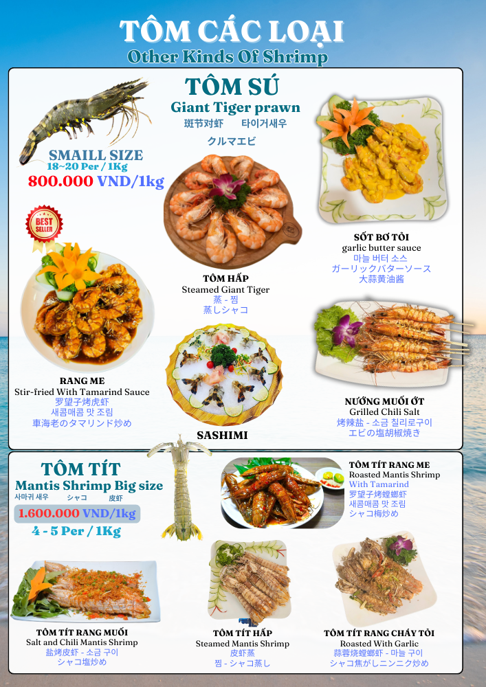 Shrimps menu showcasing a variety of shrimp dishes, including grilled, fried, and stir-fried options, at TinTin Seafood.