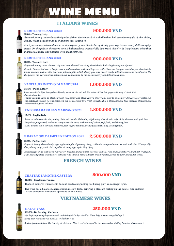 Wine menu showcasing a variety of wines available at TinTin Seafood, including red, white, and sparkling options.